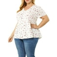 thumbnail image 4 of Unique Bargains Juniors' Plus Size V Neck Ruffle Hem Cinched Waist Floral Peplum Top 1X White, 4 of 7
