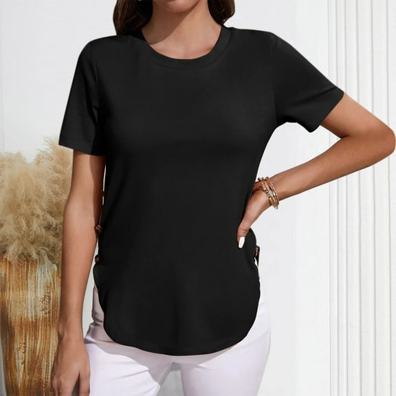 Women's Side Buckles Shirts Curved Hem Basic Tee Short Sleeves Crewneck Tops Casual Outfits