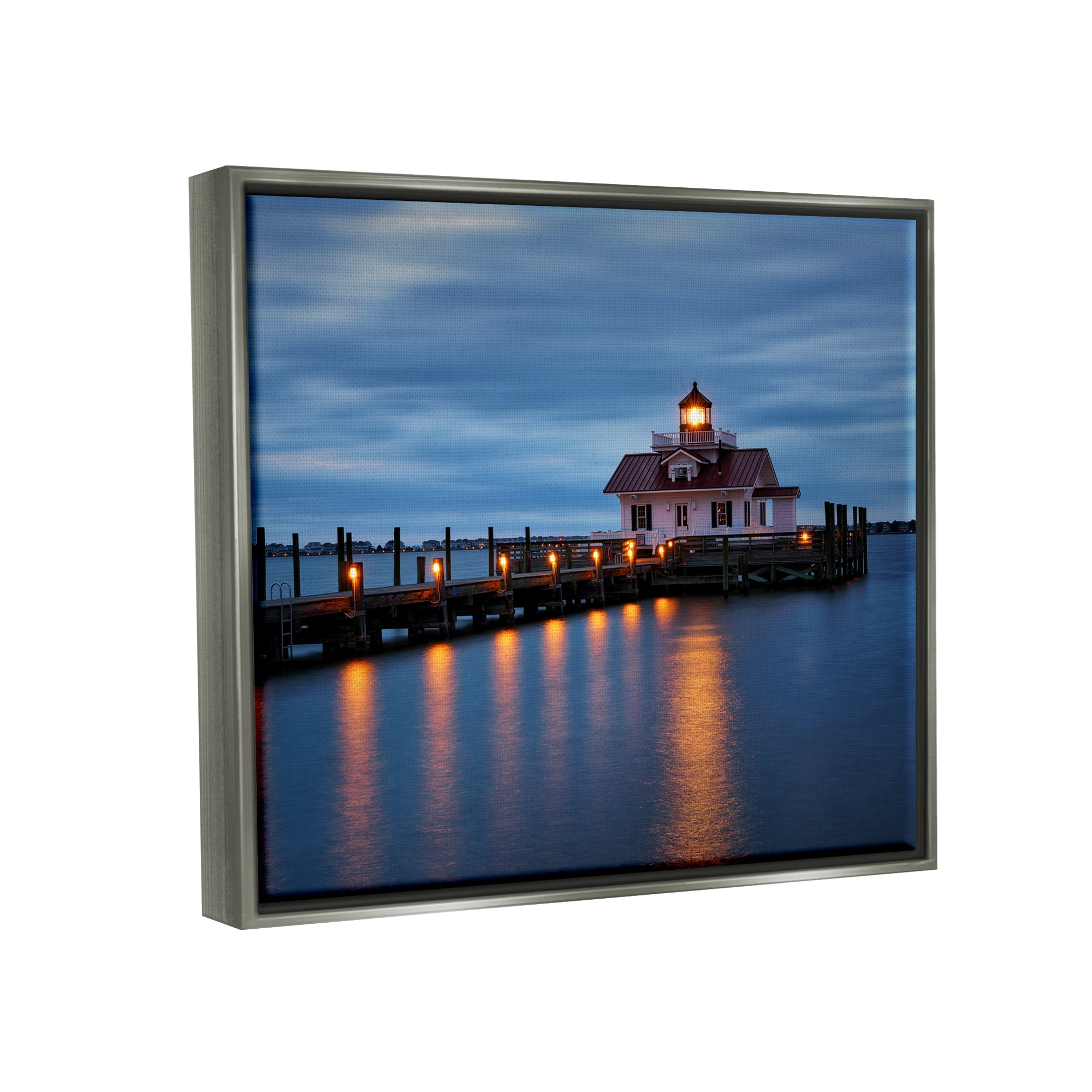 Stupell Calm Nighttime Bridge Coastal Lights Landscape Photography Gray Floater Framed Art Print Wall Art