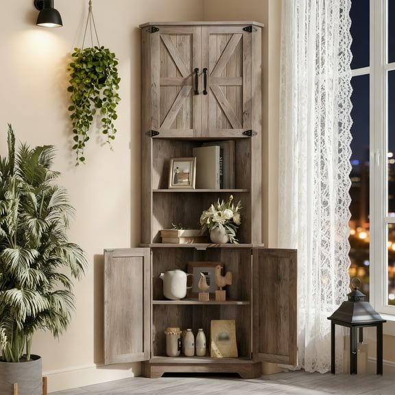 Vabches 69" Tall Corner Cabinet with Adjustable Shelves, Farmhouse Storage Cabinet with 4 Barn Doors, Corner Storage Cabinet for Bathroom, Living Room, Kitchen