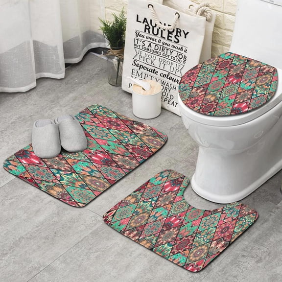 Green Geometric Diamond Pattern Bathroom Rugs Sets 3 Piece,Toilet Cover Set,Absorbent Non Slip Bathroom Mats Sets with U-Shaped Contour Rug Toilet Rug Set