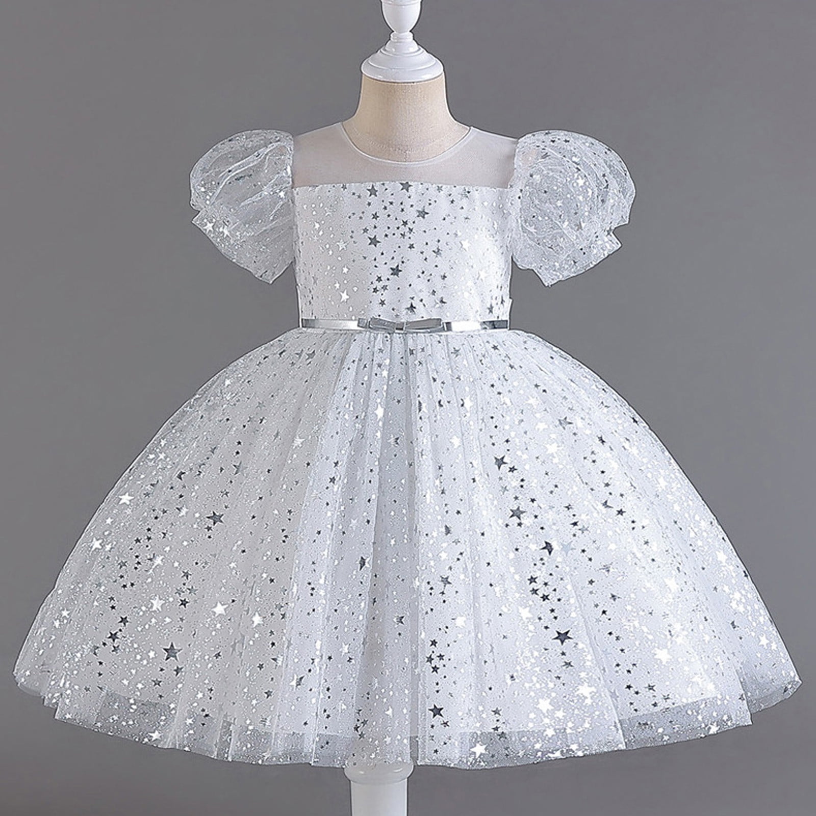 Girls Sequins Tutu-Dresses Layered-Tulle Size 4-12 Toddlers Kids Cute Short Puffed Sleeve Crewneck A-Line Birthday Evening Party Dress