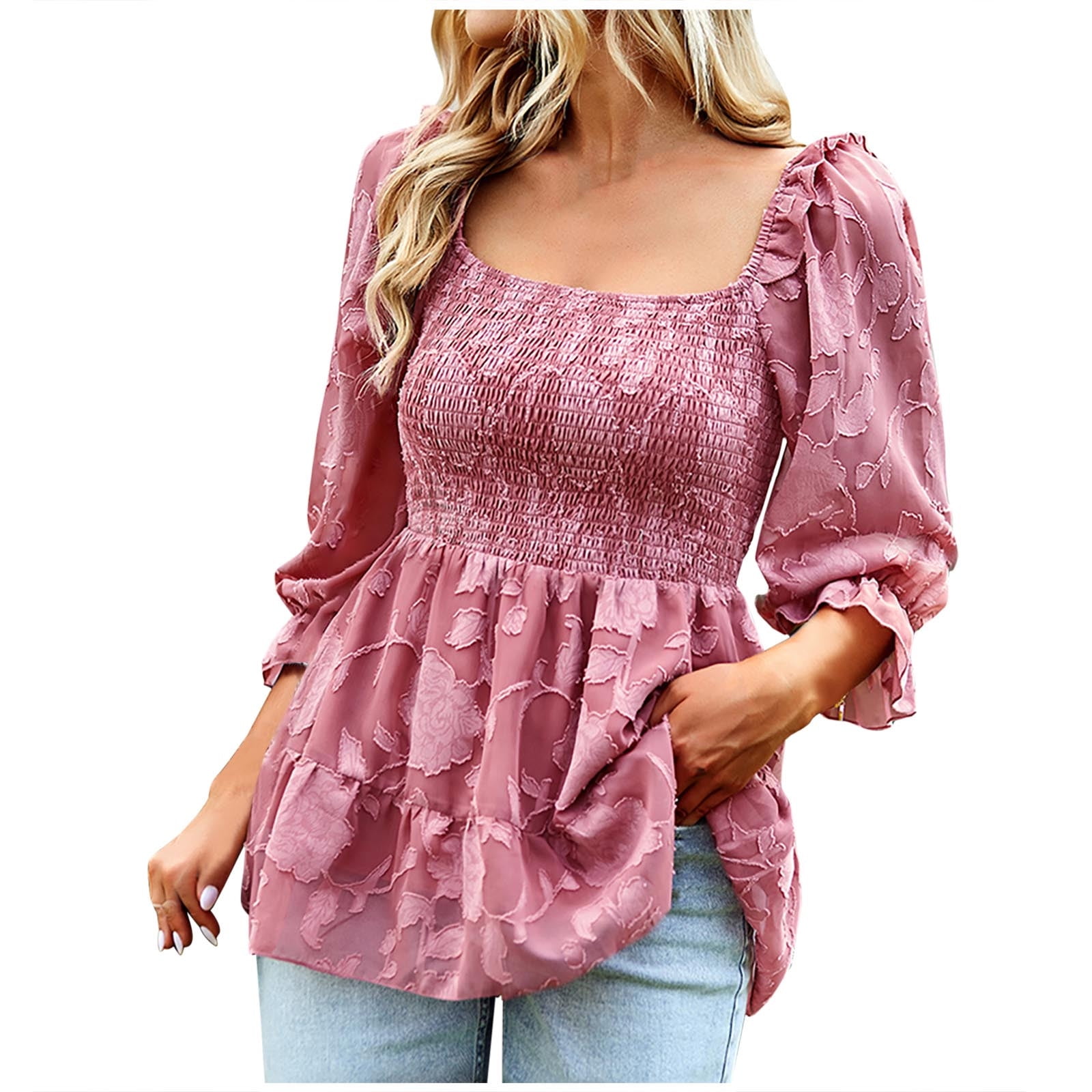 Hfyihgf Women's Summer Square Neck Smocked Babydoll Tops 3/4 Puff Sleeve  Loose Lace Chiffon Blouse Floral Textured Shirts Pink M