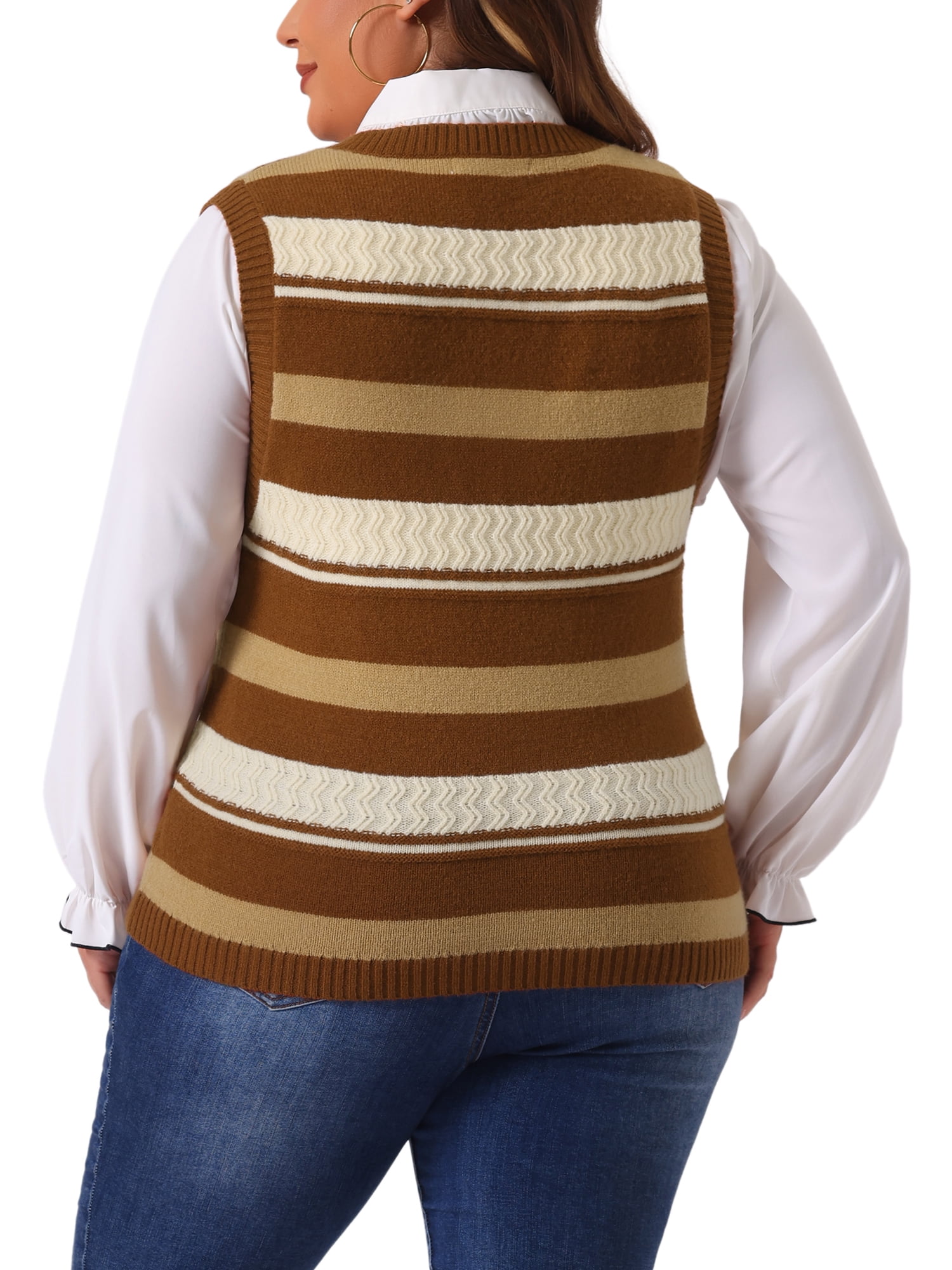 DARING DIVA Women's Plus Size V Neck Striped Knit Sweater Vests 4X Brown