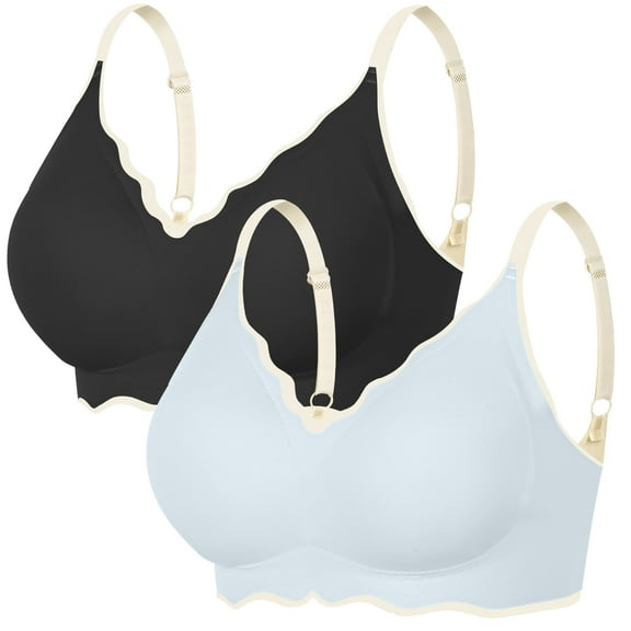 Aivtalk Wireless Bras for Women Seamless Bralettes Supportive Full Coverage Deep V Wavy Scalloped T-Shirt Bra No Underwire Adjustable Straps Ultimate Comfortable Everyday Bra 2pc Black&Light blue M