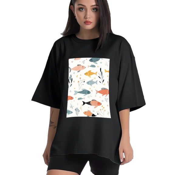 Plus Size Shirt for Women Black Tops for Women Short Sleeves Shirt for Women Fish T Shirt Crewneck Shirt for Women XS