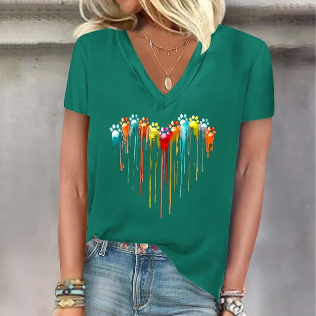 DPTALR T-Shirt Décontracté à Manches Courtes à Col en V Imprimé pour Femmes Hauts Blouses