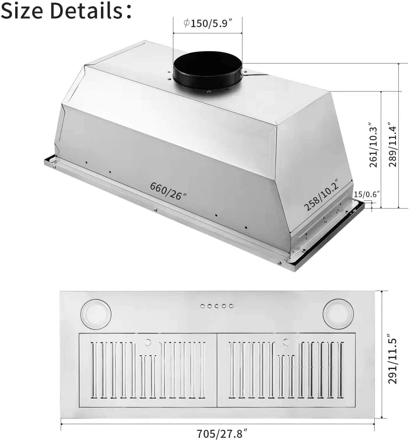 Range Hood 30 inch Built-in Insert Cooker Hood 600CFM Powerful Exhaust Vent Fan Built-in Kitchen Stove Hood w/Front Button Controls and Front LED Lights,Baffle Filters,Ducted/ductless Convertible Duc