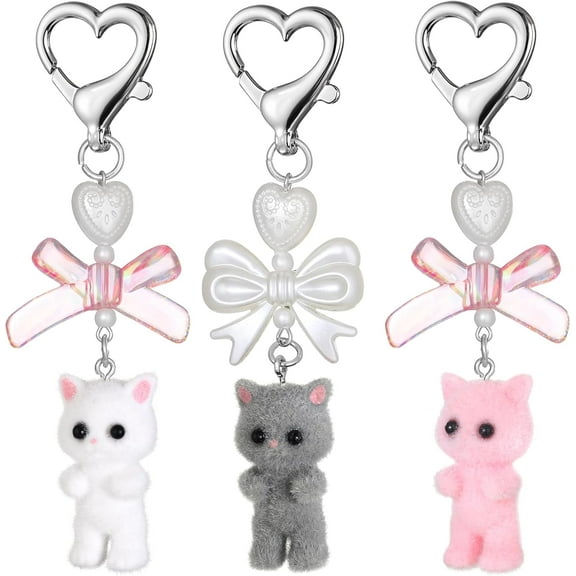 3 Pcs Cute Cat Keychain, Fuzzy Cat Keychain Stylish Cute Keychains Y2K Bow Heart Keychains for Women Girls Cats Backpack Charm