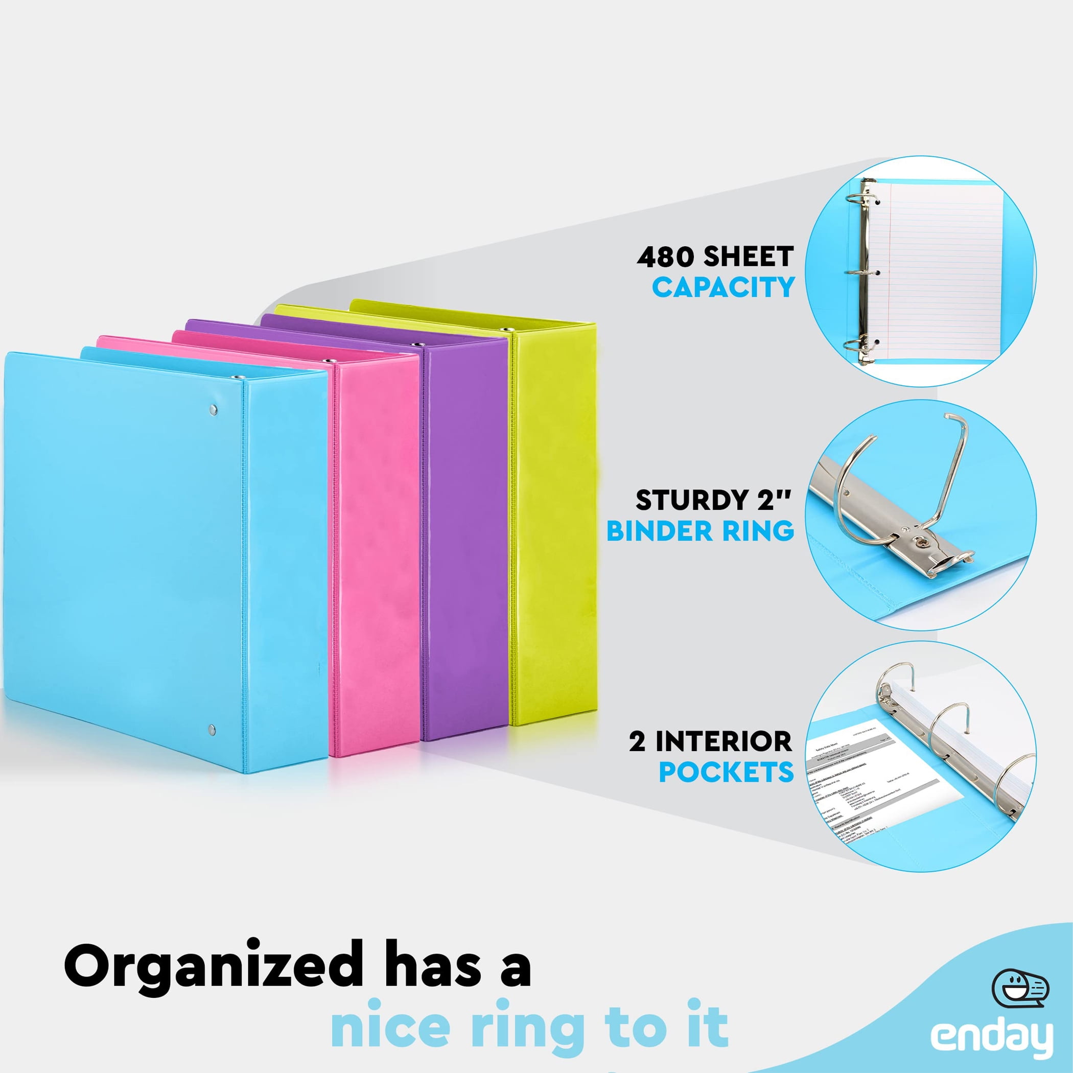 enday 3-Ring View Binder, Slant D-Ring, Assorted Colors, 2 Inch, Pack of 4