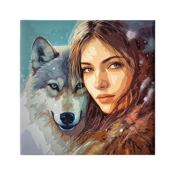 Stupell Industries Girl & Grey Wolf Portrait Animals & Insects Painting Gallery Wrapped Canvas Art Print Wall Art, 17 x 17