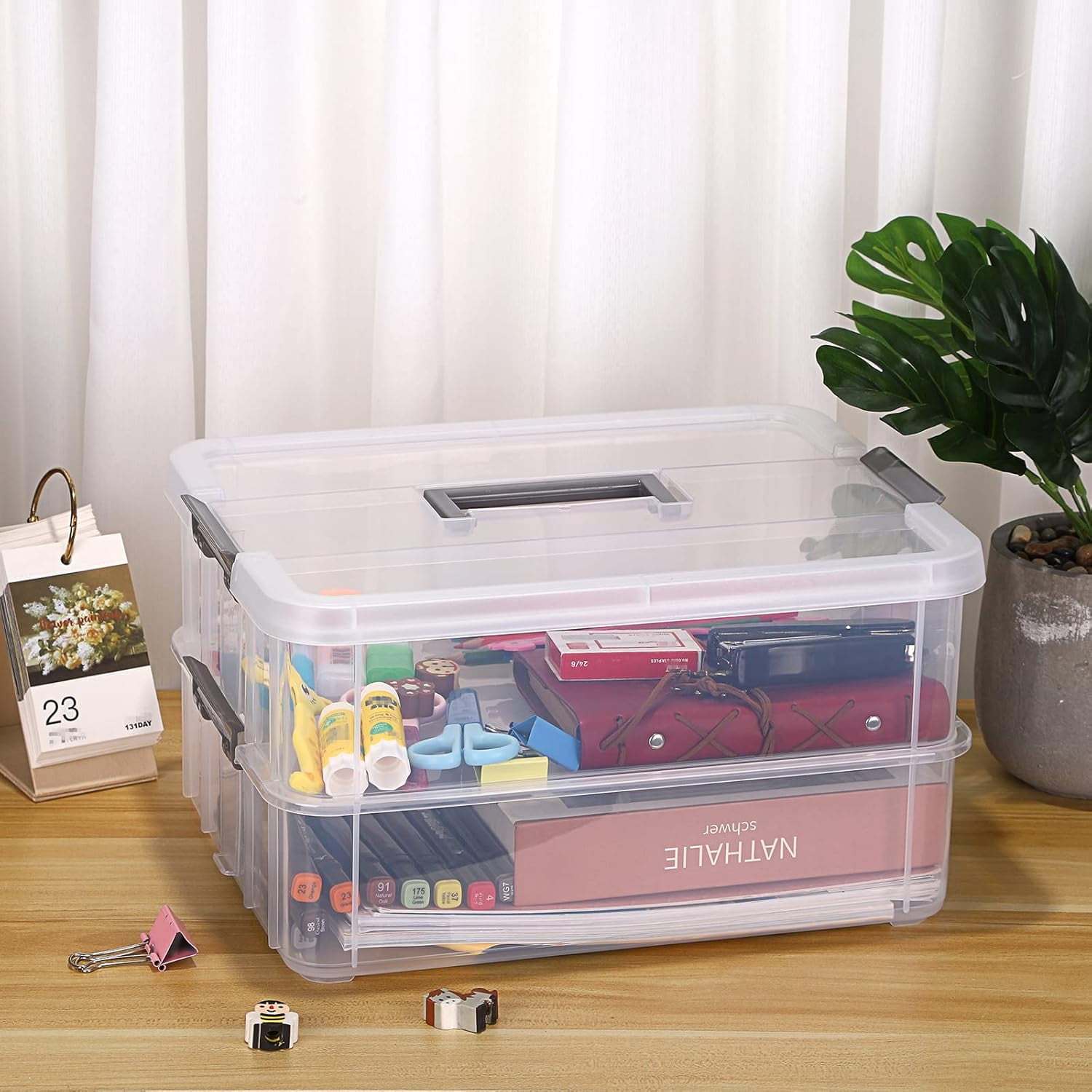 2 Layer Stack & Carry Box, Plastic Multipurpose Portable Storage Container Box Handled Organizer Storage Box for Organizing Stationery, Sewing, Art Craft, Jewelry and Beauty Supplies Dark Grey