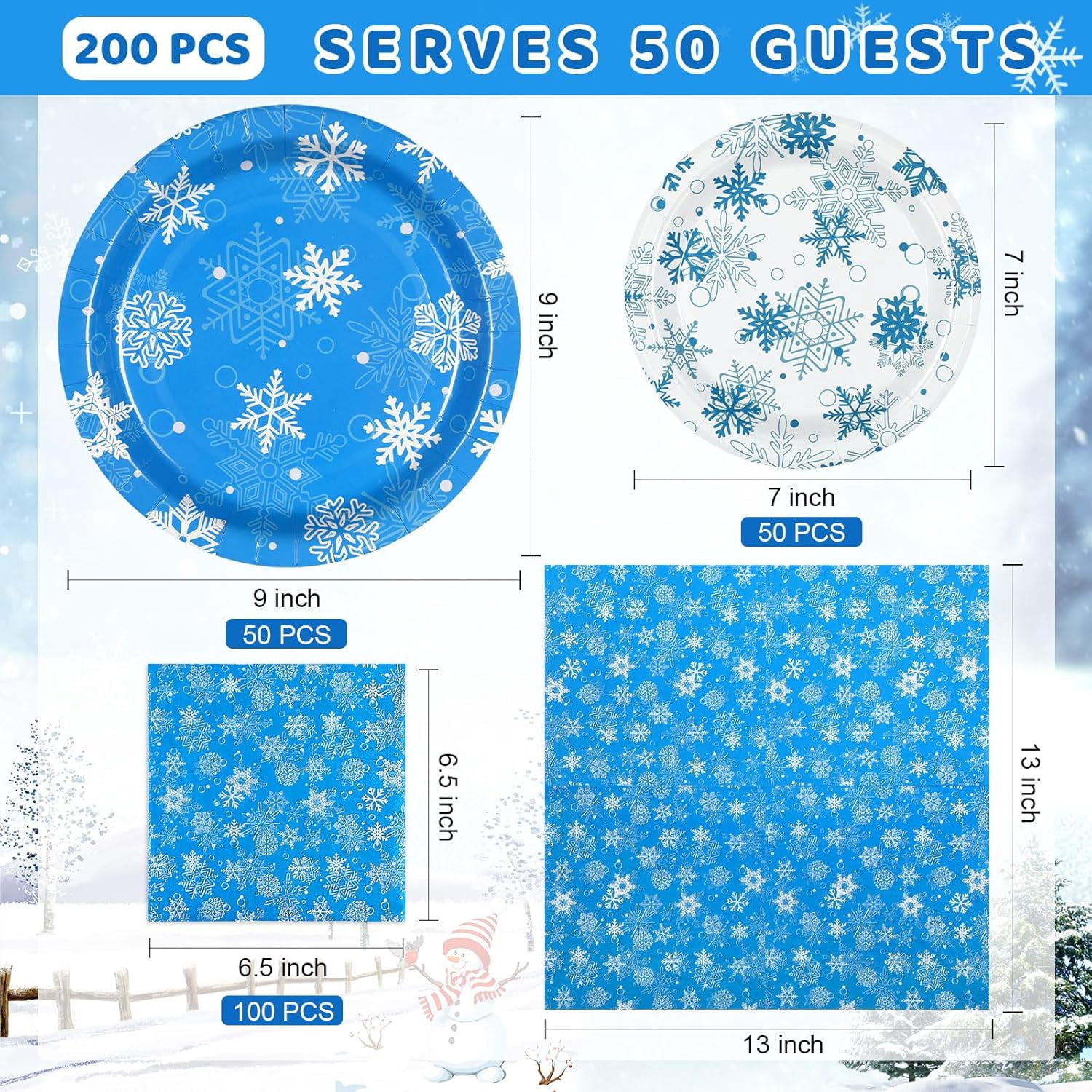Waipfaru 200 PCS Christmas Paper Plates and Napkins White Snowflake Party Supplies Blue Disposable Dinnerware Set for Xmas Party