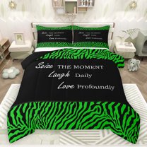 jejeloiu Green Black Stripes Queen Comforter Set,Inspirational Quote Bedding Sets,Wild Animal Stripe Bedding Comforter Set For Teens,Super Cozy Room Decor Reversible,3-Piece