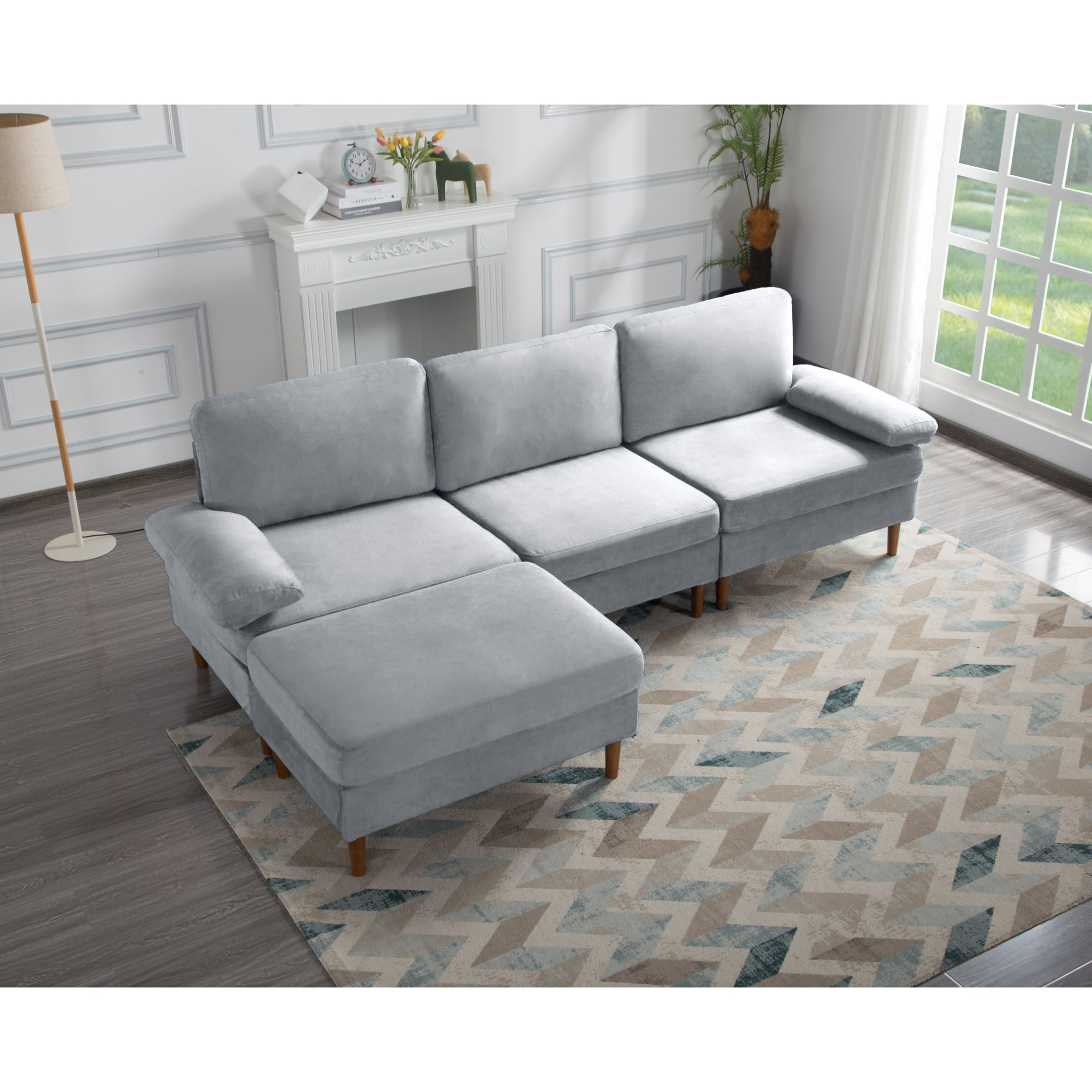 Gewnee 102.4'' Modern Convertible L-Shaped Sofa, 3-Seater with Movable Ottoman for Living Room & Apartments( Light Gray)