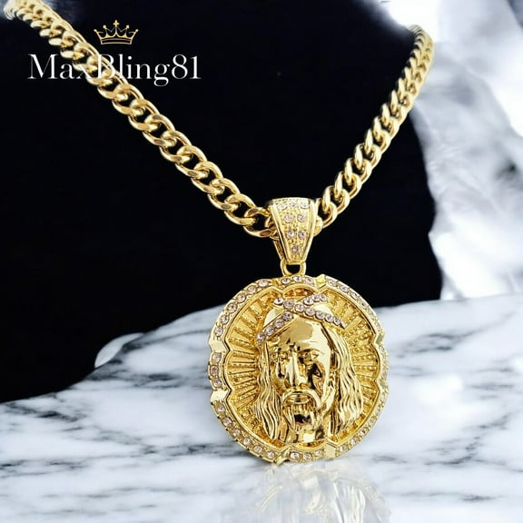 Hip Hop Gold Plated CZ Jesus Religious Medal Pendant & 6mm 24" Cuban Chain Necklace