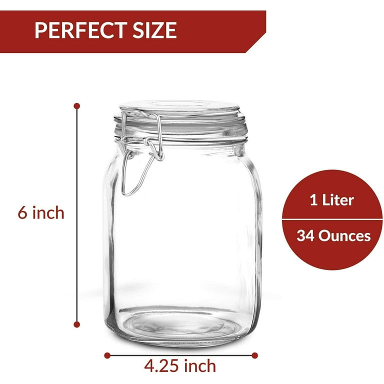 Set of 3 Glass Mason Jar with Lid (1 Liter) , Airtight Glass Storage  Container for Food, Flour, Pasta, Coffee, Candy, Dog Treats, Snacks & More  