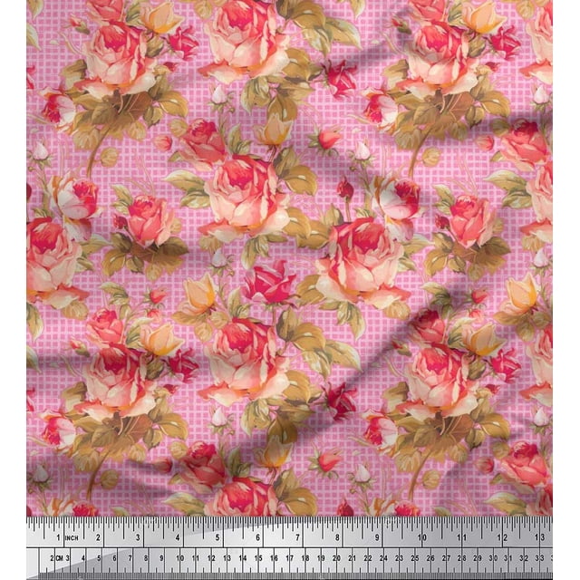 Soimoi polyester Crepe Fabric Check,Leaves & Rose Floral Print Fabric by Yard 52 Inch Wide