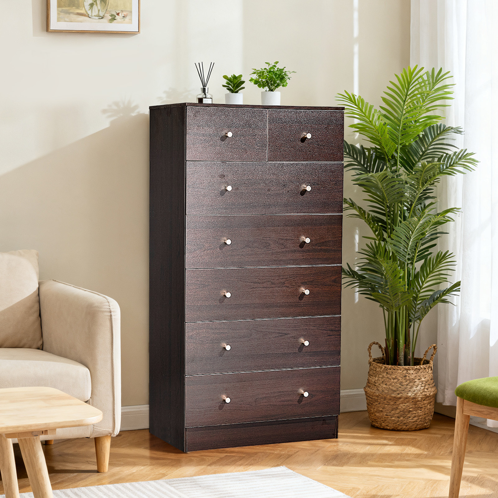 7 Drawer Cabinet, Matte Gold Handles Textured Linen Melamine Particle Board Cabinet, Tall Space-Saving Storage Organizer for Bedroom Office Living Area