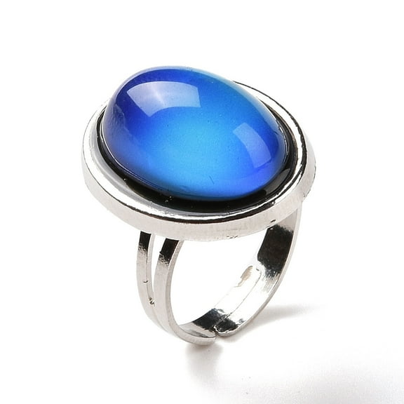 Glass Oval Mood Ring Temperature Change color Emotion Feeling Alloy Adjustable Ring for Women Platinum Inner Diameter: 17.6~19.3mm
