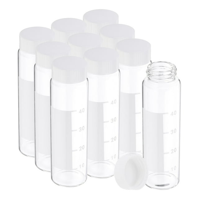 Uxcell 10pcs 50ml pequeños frascos de vidrio transparente con tapa de rosca blanca, botellas de muestra graduadas de vidrio borosilicato con etiqueta