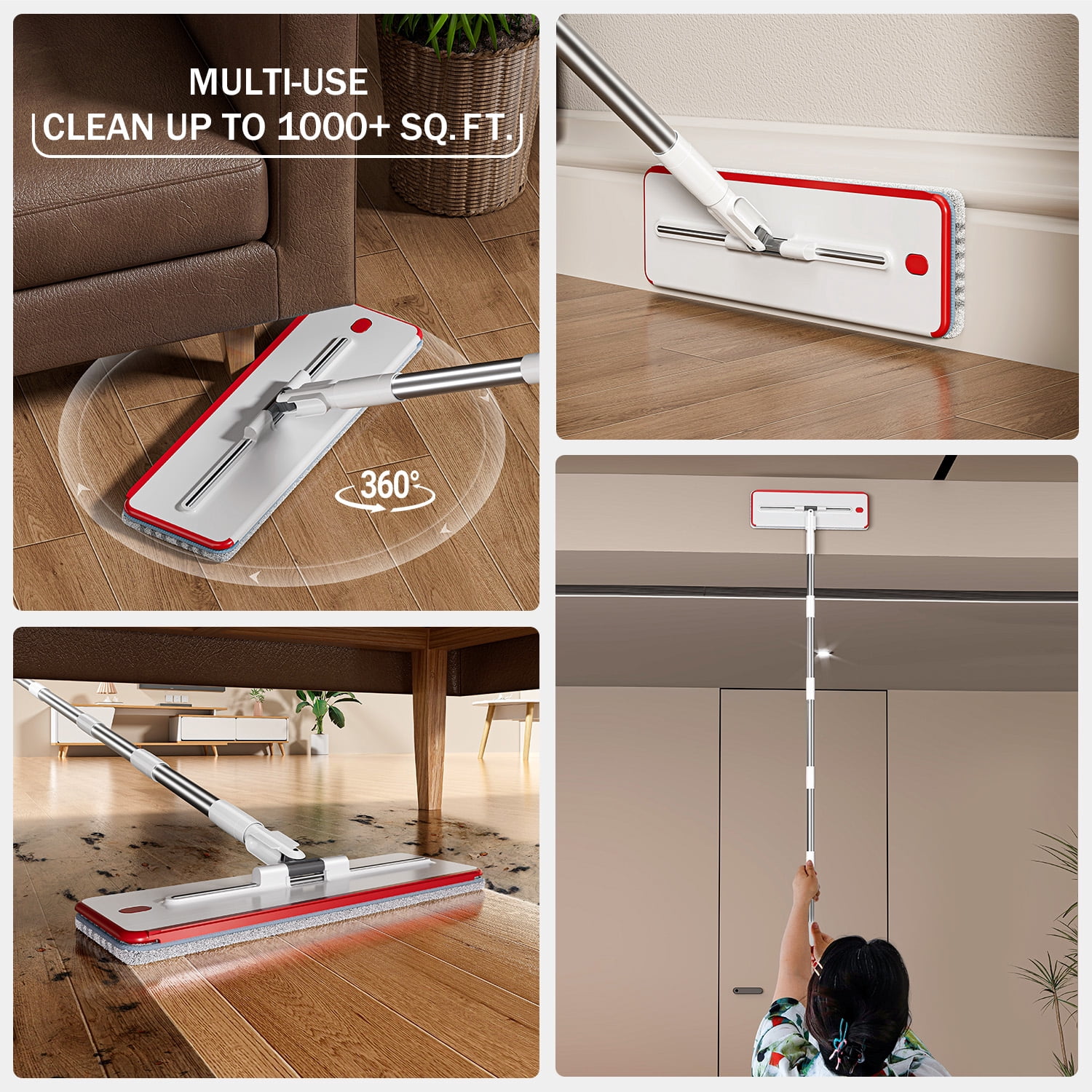 HoMettler Dual-Mop and Bucket Set, 3-Tank Flat Mop and Bucket System with Separate Dirty and Clean Water, Wall Cleaner Mop, Flat Mops for Floor Cleaning with 6 Microfiber Pads