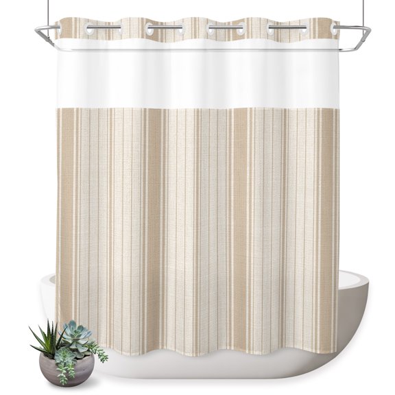 No Hook Shower Curtain, Beige Striped Shower Curtains for Bathroom with See Through Top Window, Modern Minimalist Stripes Farmhouse Waterproof & Washable Bath Curtain 66"x72"