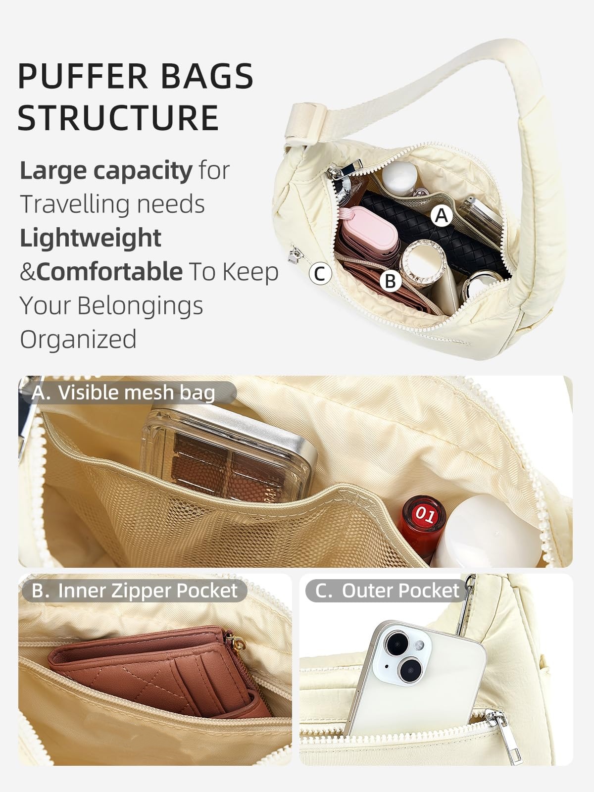 XINLANER Small Crescent Puffer Purse Shoulder Bag for Women Nylon Quilted Purses Bag Adjustable Shoulder Strap Puffy bag