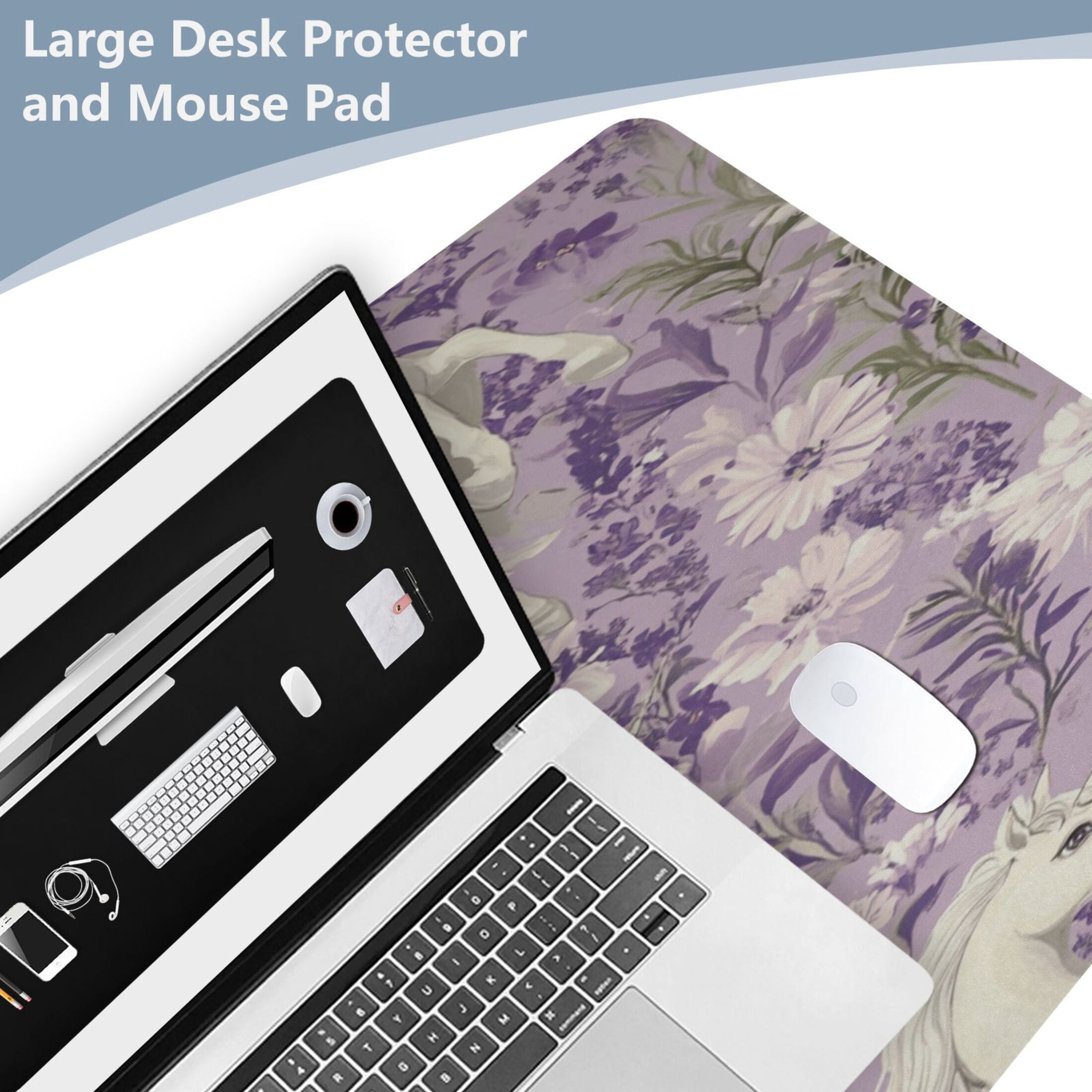 Leather Keyboard and Mouse Desk Mat Office Desk Accessories Protective Office Desk Decor Desk Pad Mat for Gaming, Work from Home, Office White Unicorns and Pegasi 16.5" x 35.4"