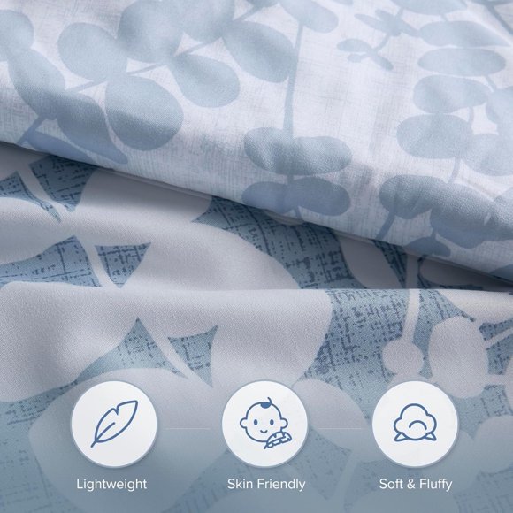 Refurbished Jolusere OME2-S-SJT-LYL-Q Duvet Cover Set, Queen Size, Boho Vintage Floral White Leaves on Blue, 3-Piece Microfiber, Reversible, Hidden Zipper