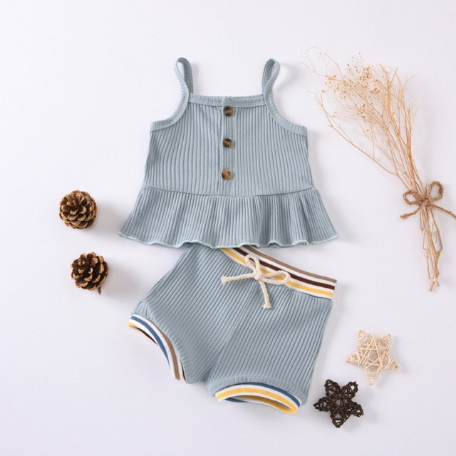 CAICJ98 Mode Filles Bébé Fille Backless Sangles Romper Combinaison + Bandeau Mis en Bas Enfant en Bas Âge Filles Sans Manches Tenues & Set, Bleu Clair
