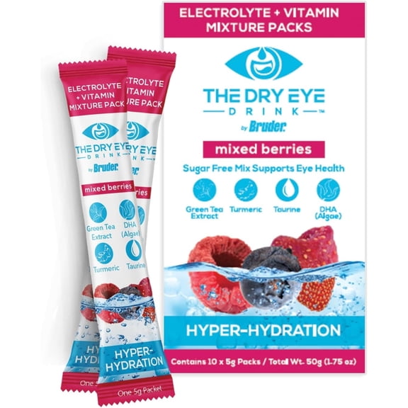 The Dry Eye Drink l Ultimate Hydration for Dry Eyes l Sugar-Free Electrolyte Powder Packets l Blended with Vitamins, Green Tea, Turmeric, Taurine, and DHA l 5g x 10 Packets (Mixed Berry)