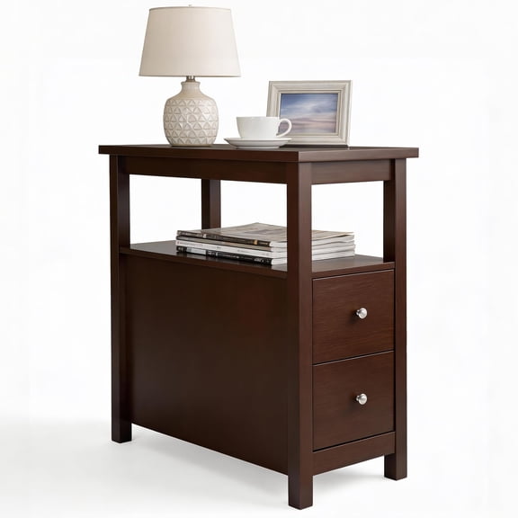 End Table With Drawers 3 Tier Narrow Side Table Wood Sofa Table For Living Room Bedroom Office Small Spaces, 23.6 X 24 Inch Espresso, 1