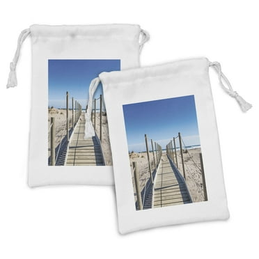 Beach Fabric Pouch Set of 2, Empty Beach with Pathway Mediterranean Heaven Serene Quiet Nobody Summer Peace Theme, Drawstring Bag for Toiletries Masks and Favors, 9" x 6", Cream Blue, by Ambesonne