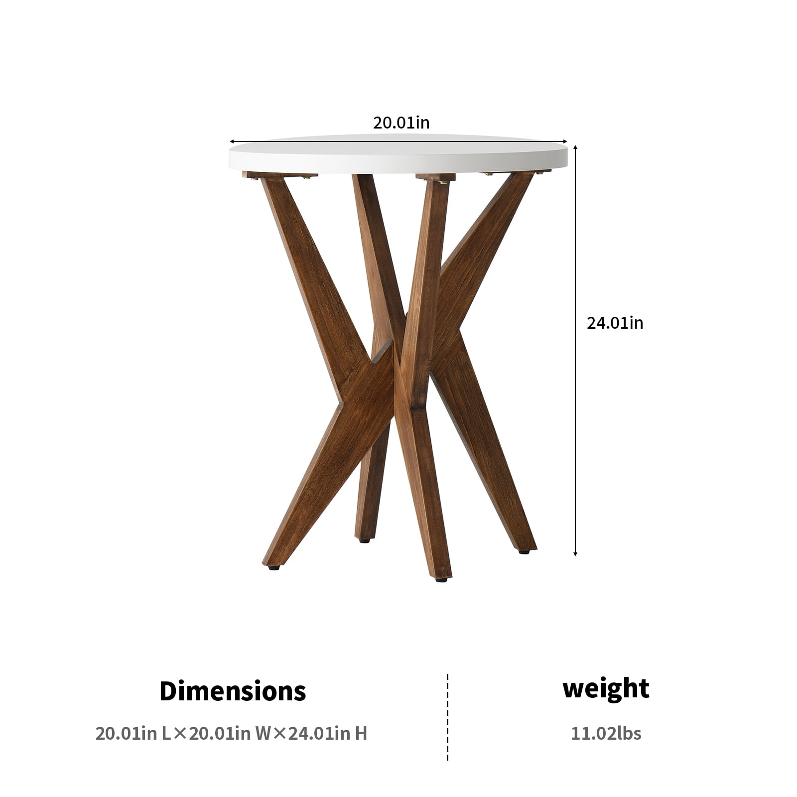 Round End Table 24'' High Side Table with White Top & Cross Legs, Mid Century Modern Accent Bedside Table for Living Room, Balcony, Bedroom or Small Spaces, White Walnut