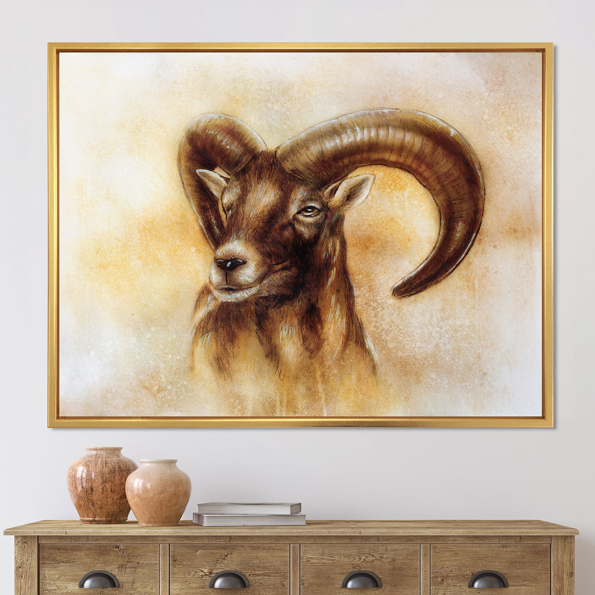 Designart 'Abstract Portrait of Wild Ram With Mighty Horns I' Modern Framed Canvas Wall Art Print