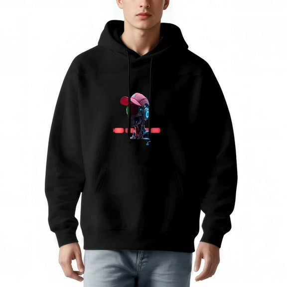 Men's Long Sleeve Hoodie Pullover Sweatshirt with Pockets - Colorful Cartoon Character Design on Black Zipper & Drawstrings