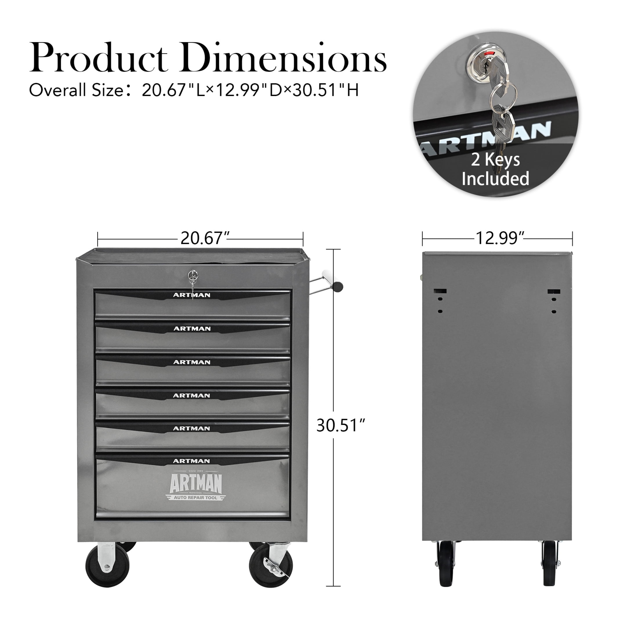 Noble House 6-Drawer Mobile Steel Tool Organizer with Key Lock, Ball Bearing Slide Storage Cabinet Box, Silver