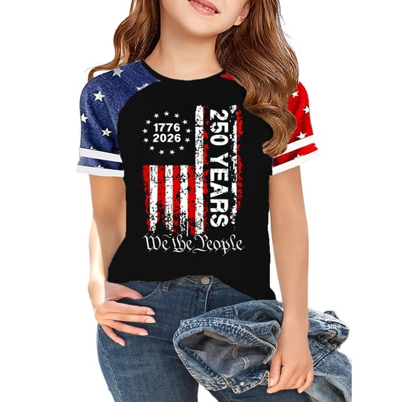Grblisyd 4th of July Girls USA Shirt 250th Anniversary American Flag Patriotic Crew Neck Short Sleeve T-Shirt Independence Day Outfit for Kids