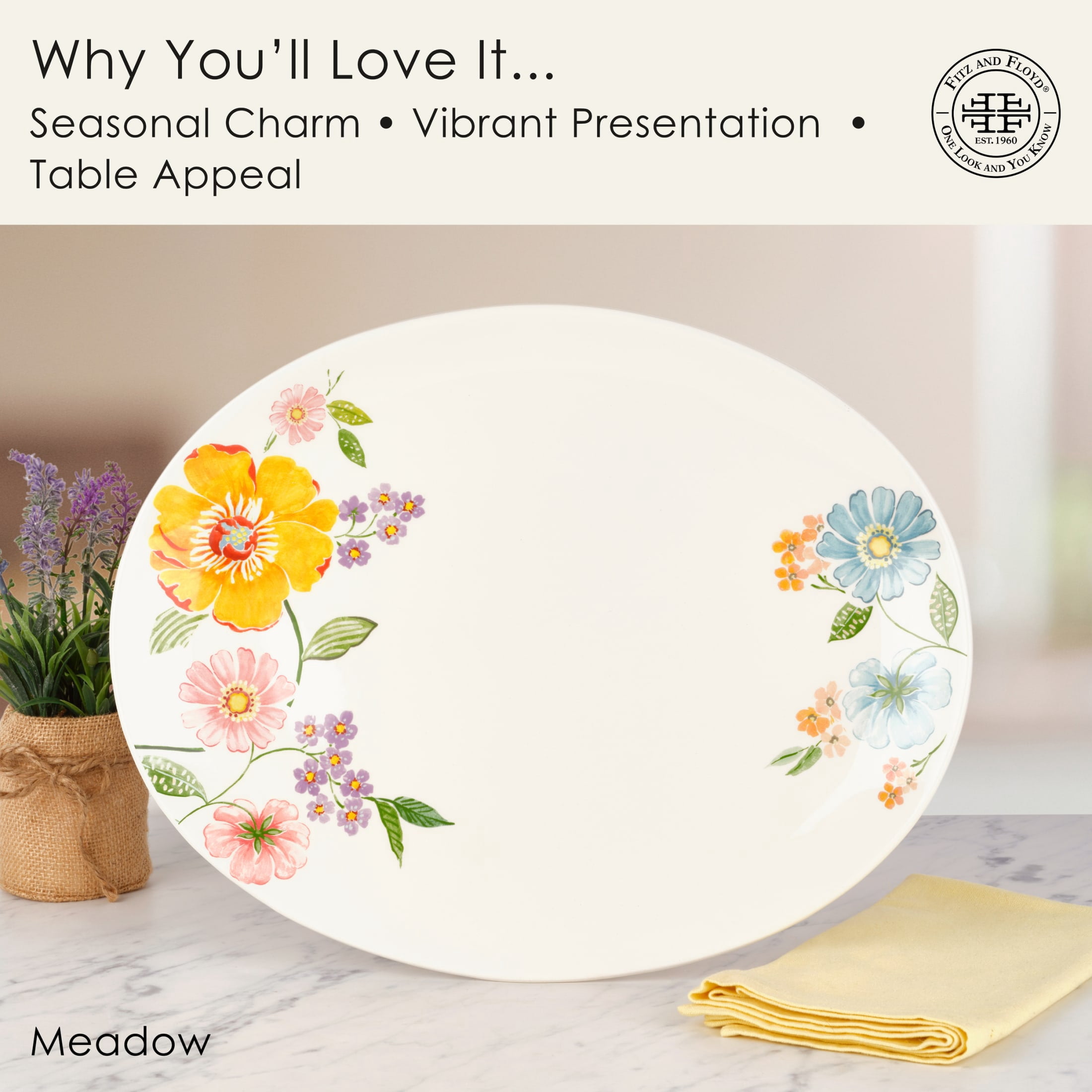 Fitz and Floyd Meadow White Earthenware 16" X 12 3/4" Large Shallow Serving Platter