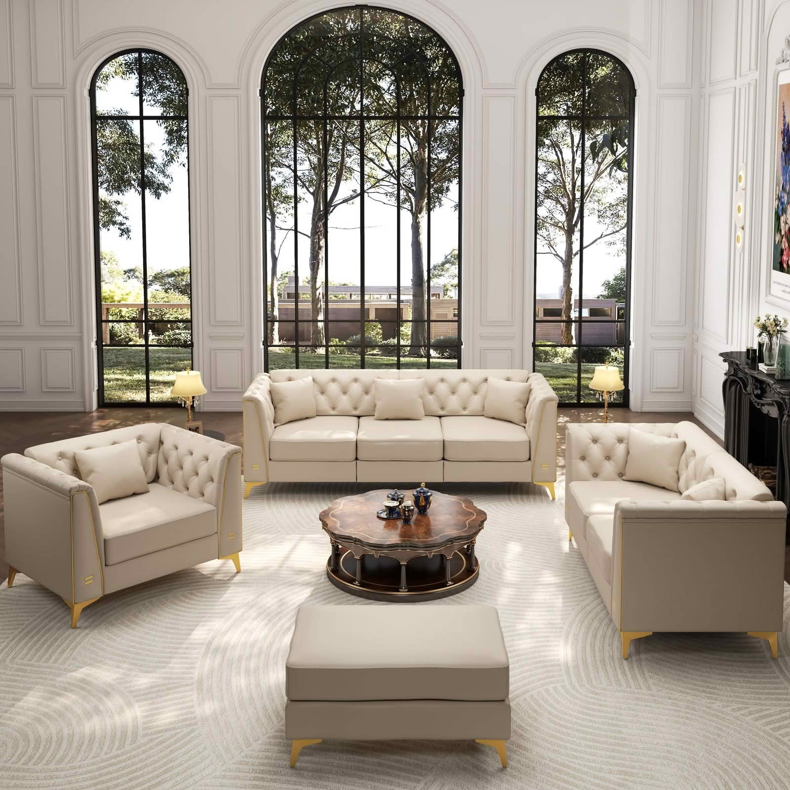 MAYEERTY Light Luxury Modular Chesterfield Sectional Sofa Set, Faux‑Leather Combination with Button Tufting, Metal‑Trim Armrest & Slim Metal Legs, 6 Pillows Included for Living Room