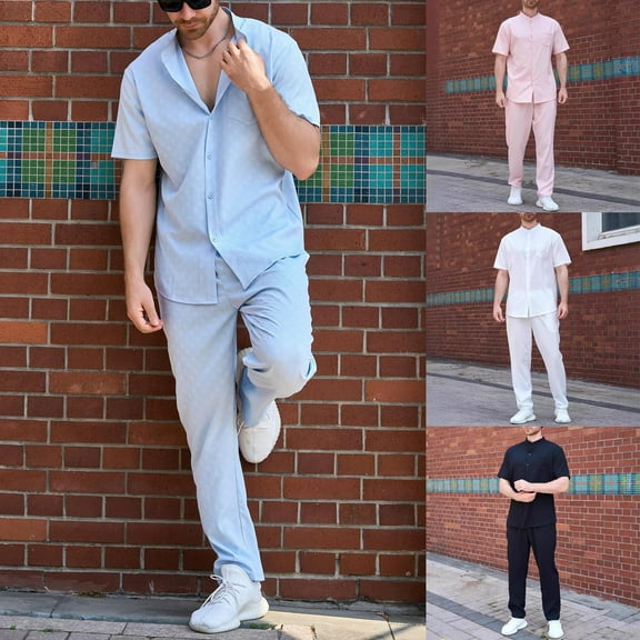 YHAJDS Summer Suits for Men 2 Piece Set Short Sleeve Solid Mandarin Collar Shirt Long Pants Casual
