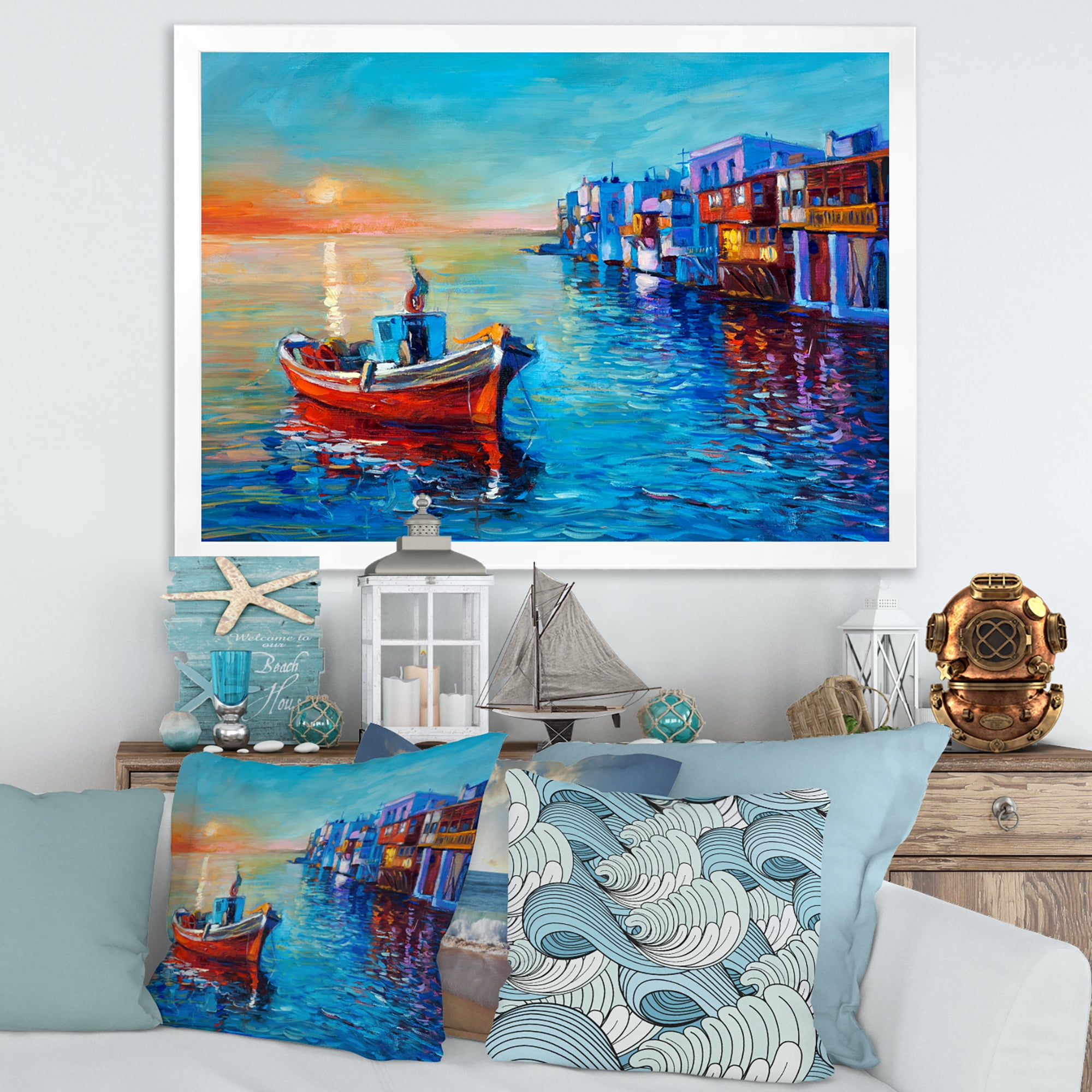 Designart 'Boats Near Coastal Town Resting On The Water I' Nautical & Coastal Framed Art Print