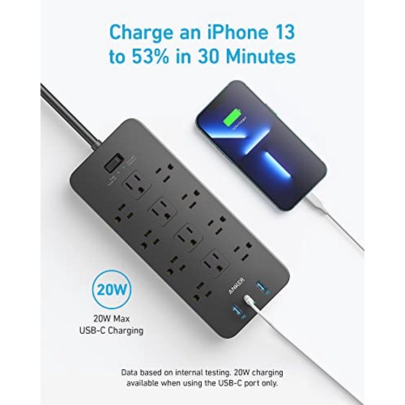Anker Power Strip Surge Protector (2100J), 12 tomacorrientes con 2 puertos USB A y 1 USB C para múltiples dispositivos, cable de extensión de 5 pies, carga de entrega de energía de 20 W para el hogar,