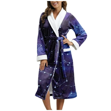 

Pgeraug pajamas for women Animal Print Lengthened Bathrobe Splicing Home Clothes Long Flannel Sleepwear women s sleepwear Navy L