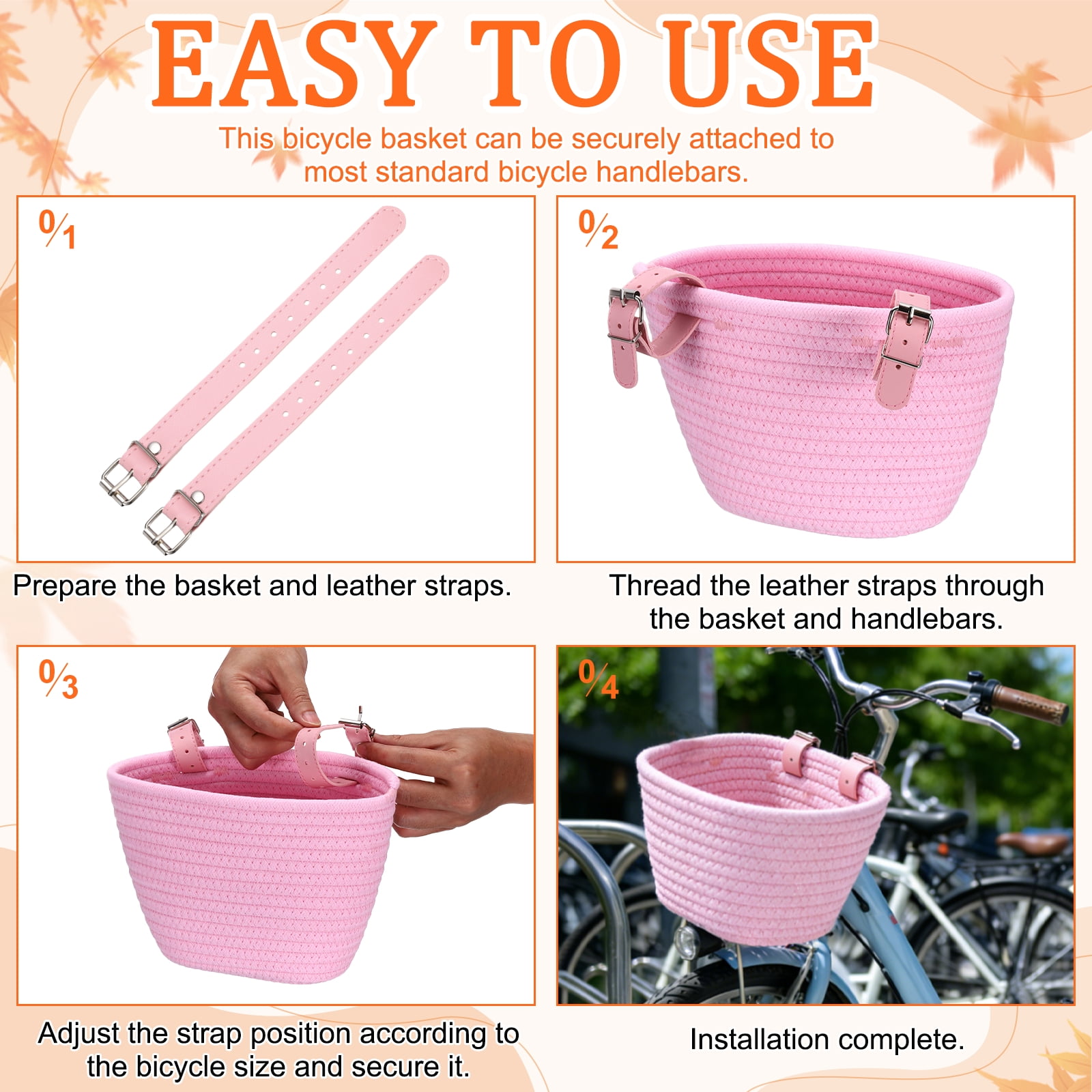 Uxcell Bike Basket, Cotton Rope Woven Colored Spots Bicycle Basket Adjustable Front Handlebar Baskets with 2 Leather Belt Buckles Beige-Fitting For(Most Bikes/Tricycle/Scooters)