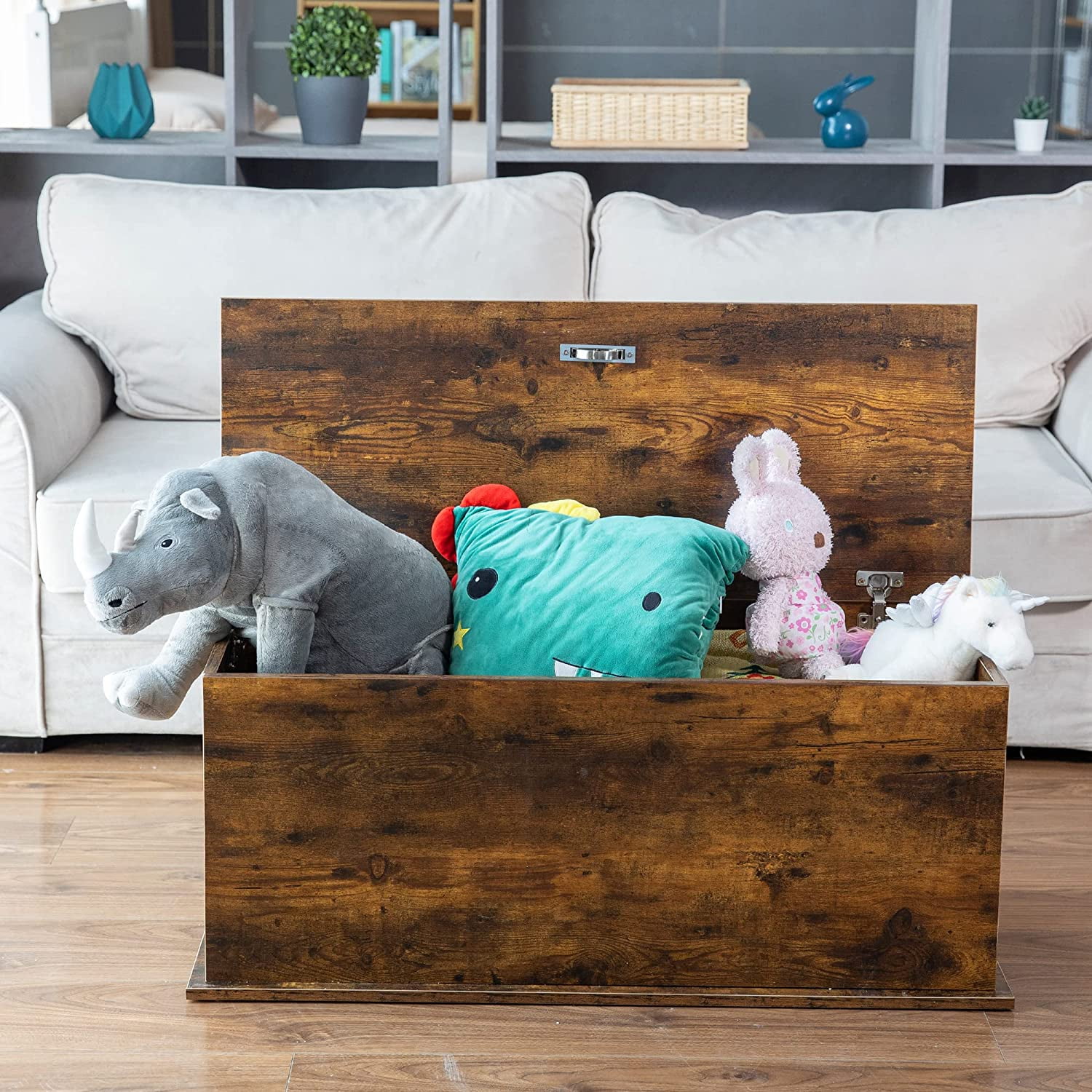 Wood Storage Bench, FlipTop Toy Storage Chest with Hidden Handle, Toy