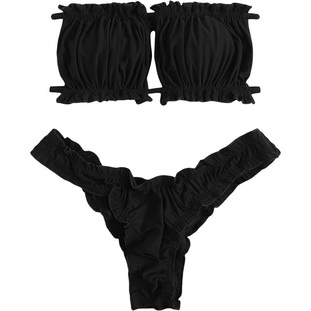 Traje de baño de tanga de corte alto para mujer, sin tirantes, bandeau fruncido, traje de baño de lechuga Negro - M Negro - M Xishao ropa