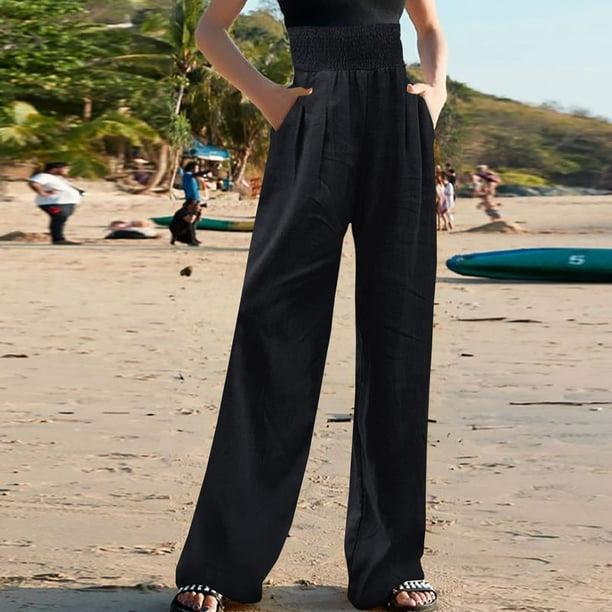 zanvin Leisure linen pants, Women Fashion casual High Waisted Pants Wide  Leg Long Trousers with Pockets for office beach Elegant,Black