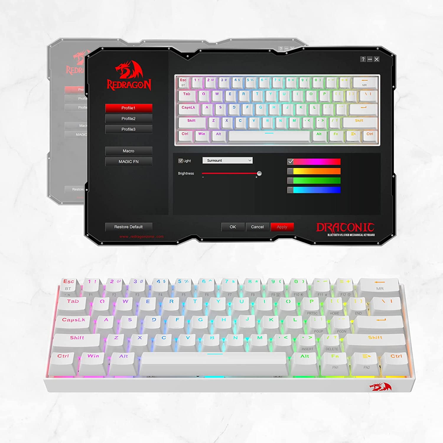 Redragon K530 Pro Draconic 61 Keys 60% Wireless RGB 100% Hot-Swap Socket Mechanical Keyboard Bluetooth/2.4Ghz/Wired 3-Mode